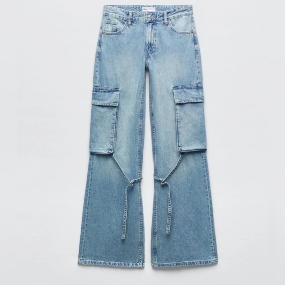 Zara Cotton Blend Belt Loop Wide Leg Cargo Jeans In Light Indigo Wash Size 2 - Picture 12 of 16
